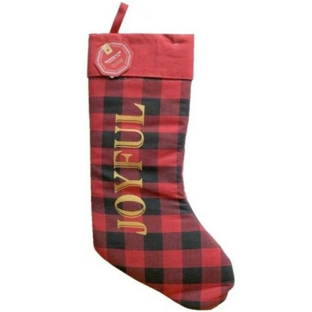 Christmas Stocking Red Black Buffalo Plaid Check Joyful Gold 20
